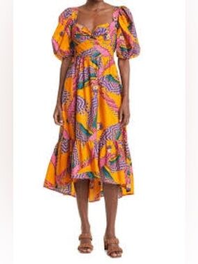 FARM Rio Macaws Yellow Pink Purple Printed Puff-Sleeve Midi Maxi Dress